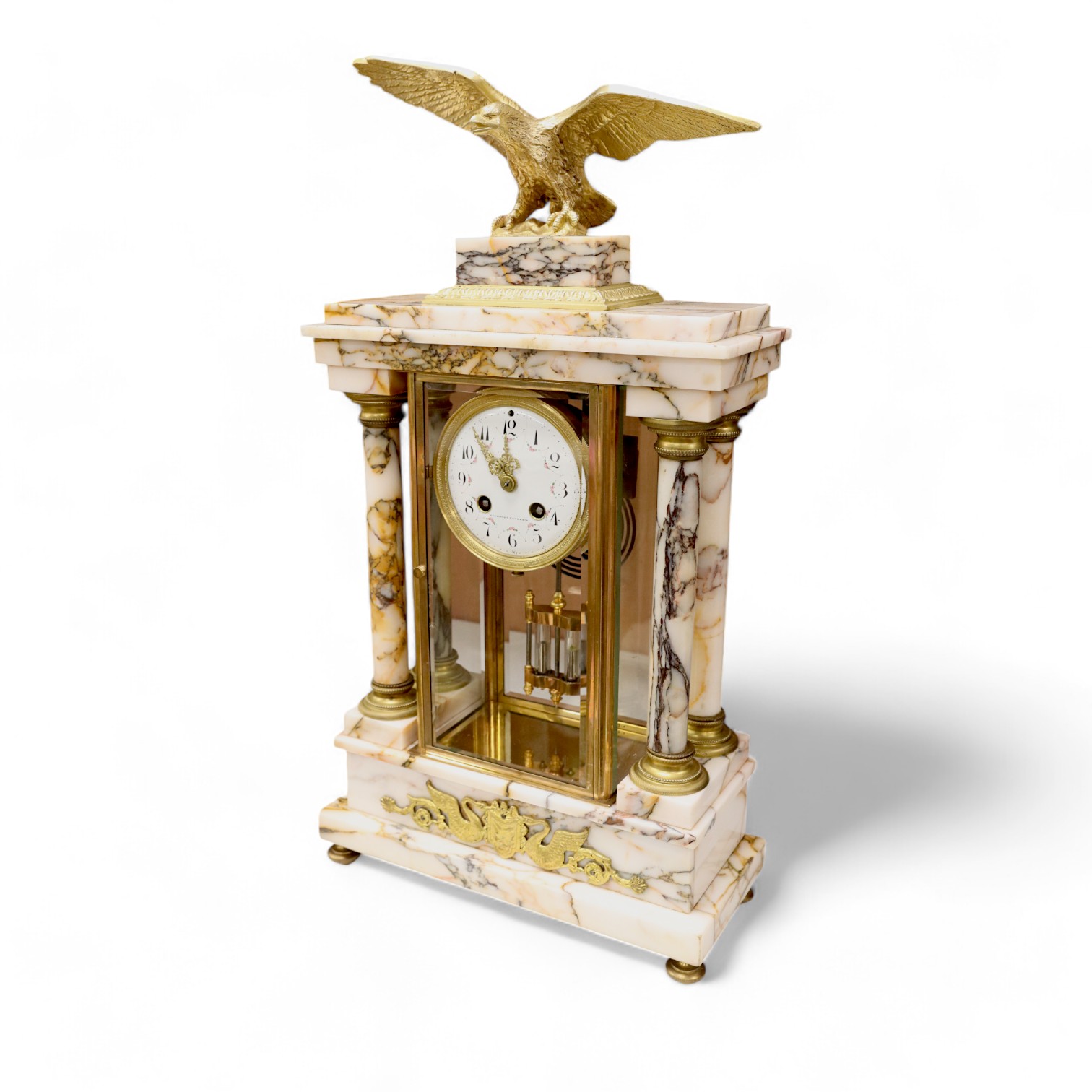 A French marble and gilt bronze four glass portico clock, striking on a coiled gong, 54cm high. Condition - fair to good.